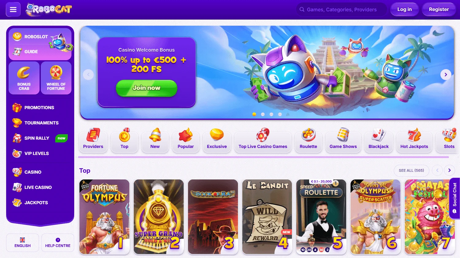 Robocat Casino desktop home interface with the Australian welcome offer
