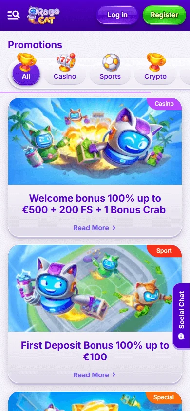 Robocat Casino mobile browser promotions interface
