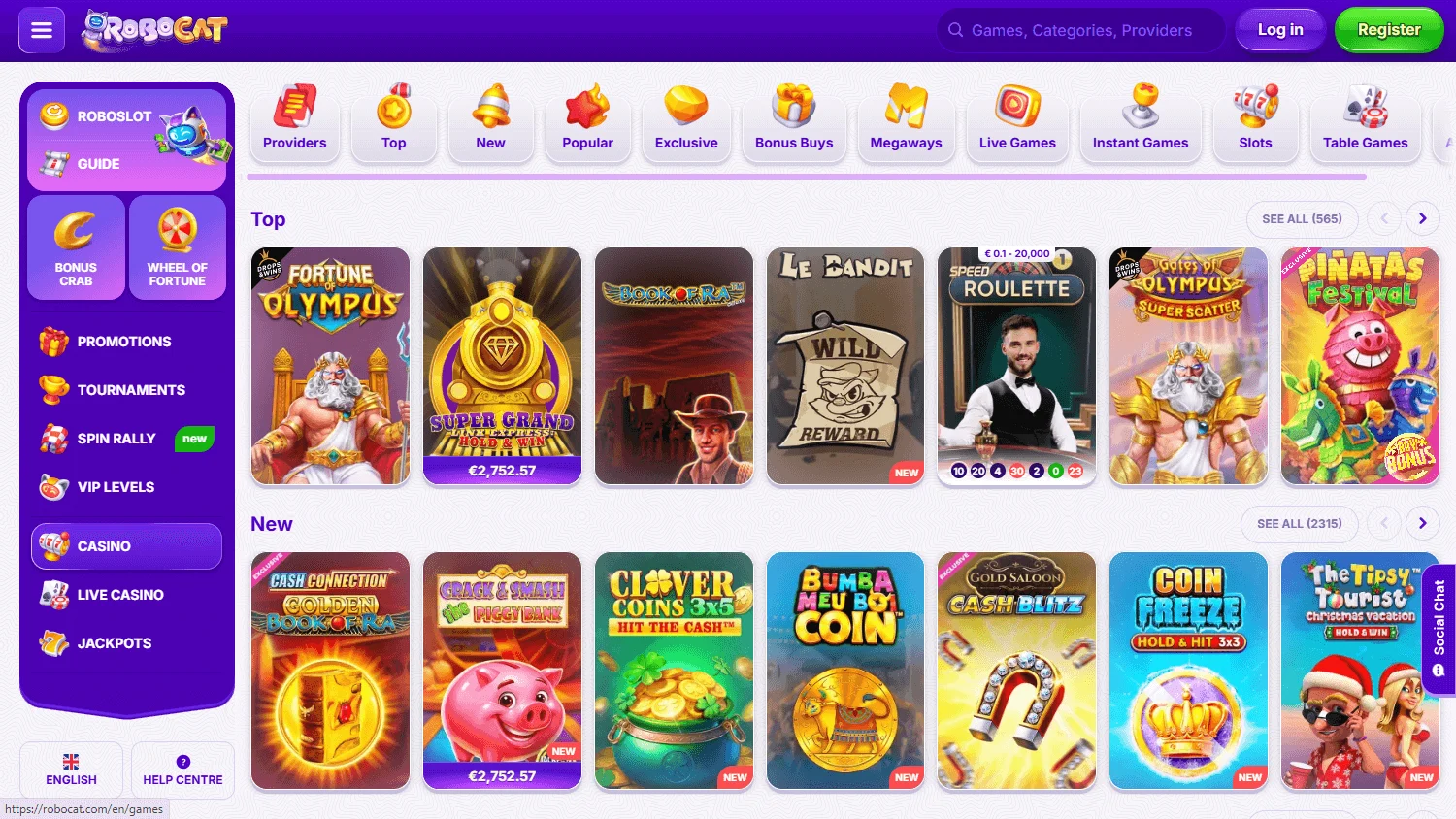 Robocat Casino desktop games interface with casino categories