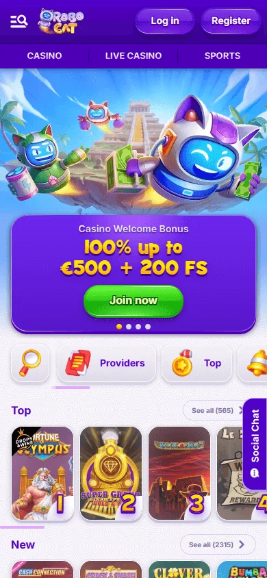 Robocat Casino mobile browser home interface