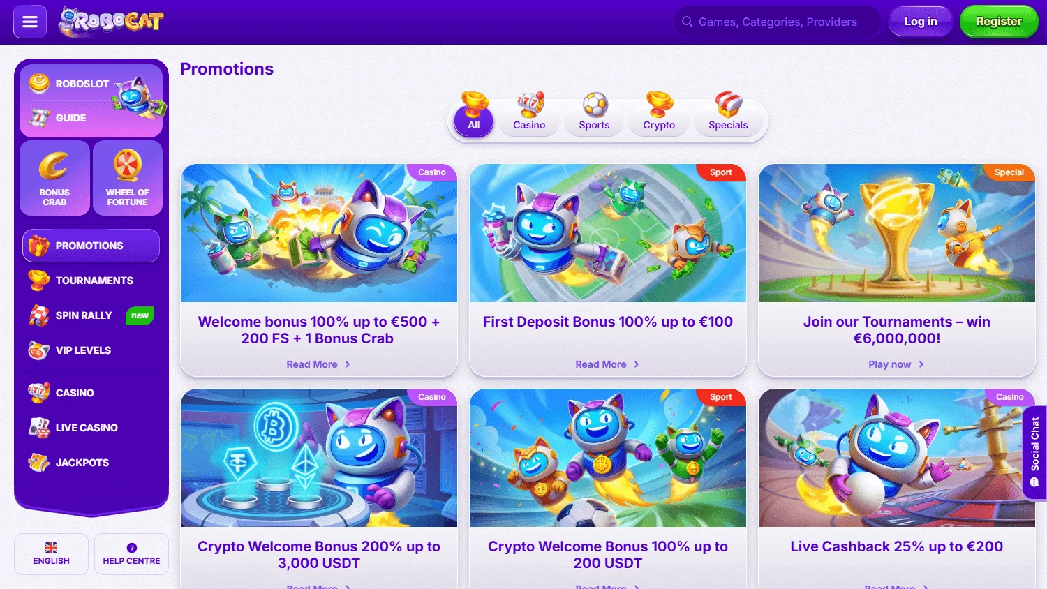 Robocat Casino desktop promotions interface with casino offers