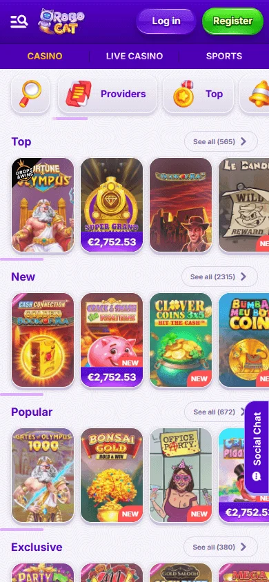 Robocat Casino mobile browser games interface